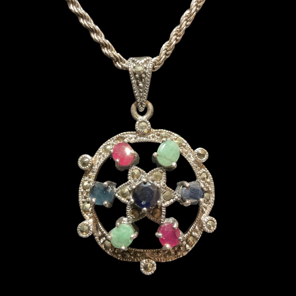 🌺 Vintage 925 Emerald Sapphire & Ruby Marcasite Pendant with 925 Rope Chain
